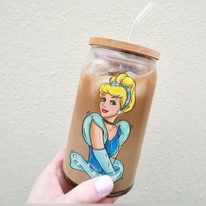 Disney Princess Cinderella 16oz can glass with bamboo lid & straw